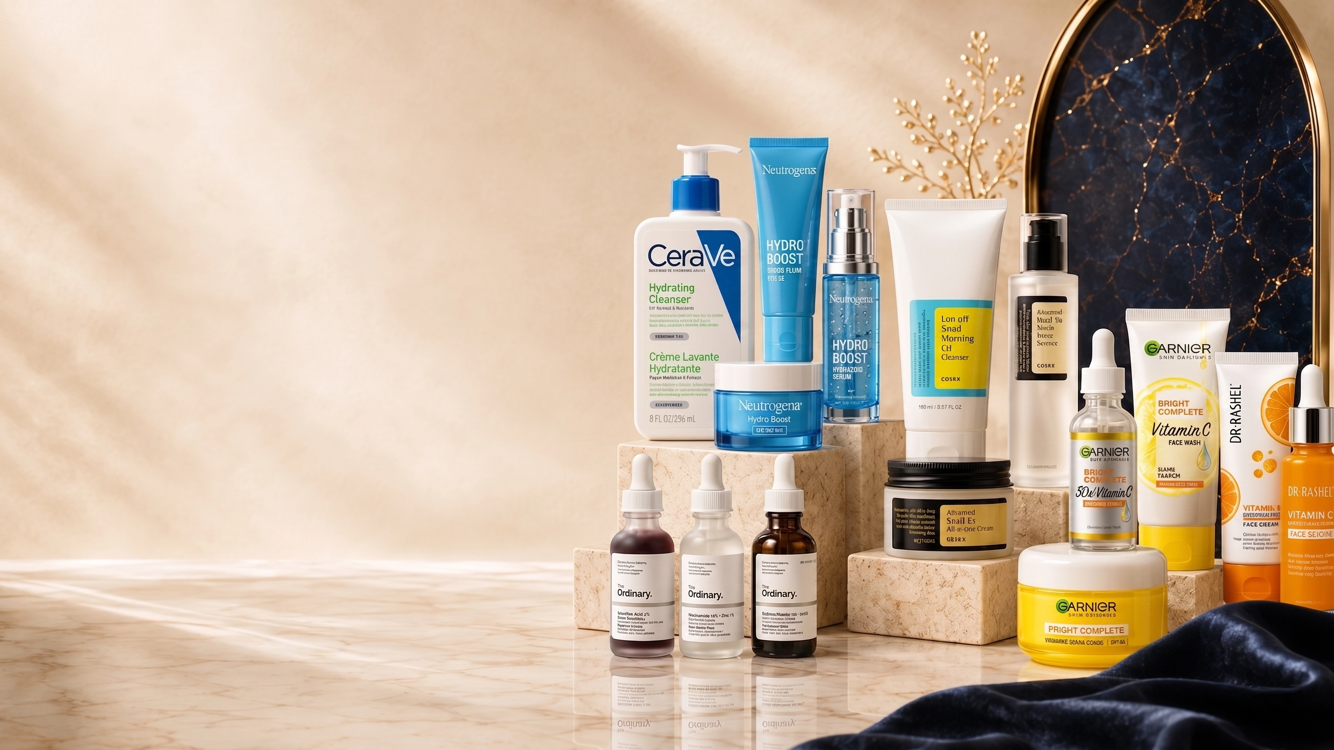 A curated assortment of skincare products from popular beauty brands